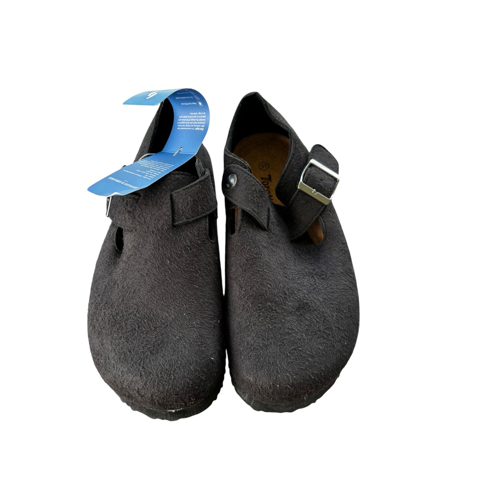 Torotto Black Felt Clog Mules Women 6.5 Eu 37 Cork Footbed Buckle Strap New